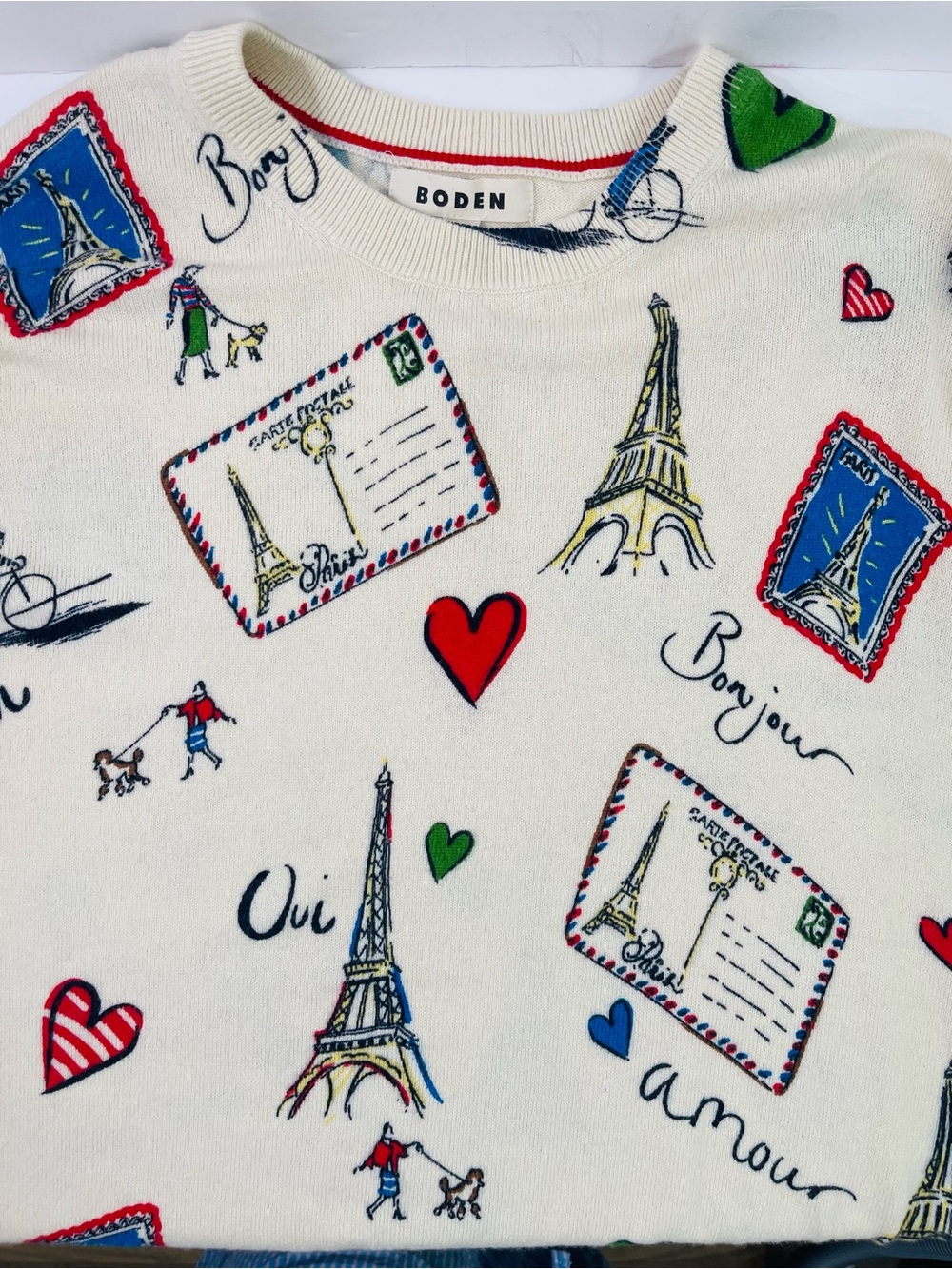 Boden Cream Sweater with Parisian Postcard Print NWOT - Picture 7 of 10